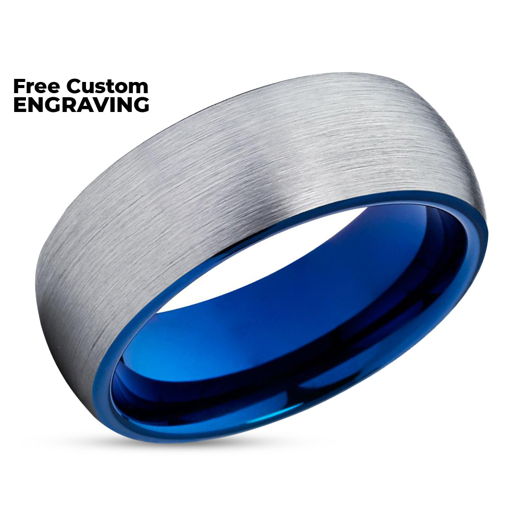 Gray Wedding Band - Blue Tungsten Ring - Blue Tungsten Wedding Ring - Brush Ring