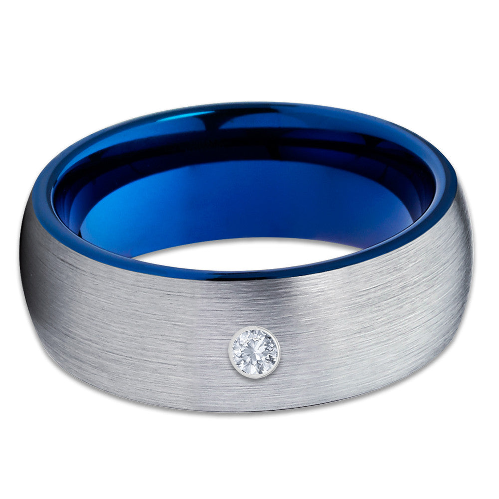 Blue Tungsten Band - White Diamond Ring - Gray Tungsten Ring - Brush - Clean Casting Jewelry