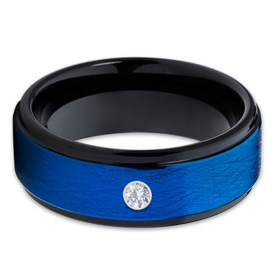 Blue Tungsten Wedding Band - White Diamond Ring - 8mm - Blue Tungsten - Clean Casting Jewelry