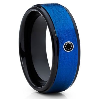 Blue Tungsten Band - Black Diamond Ring - Tungsten Carbide Ring - 8mm - Clean Casting Jewelry
