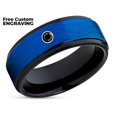 Black Diamond Wedding Ring - Blue Tungsten Ring - 8mm Wedding Band - Brush Ring