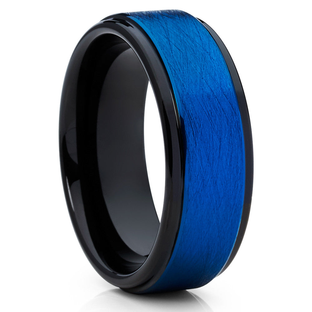 8mm - Blue Tungsten Ring - Blue Wedding Band - Black Tungsten Ring - Clean Casting Jewelry