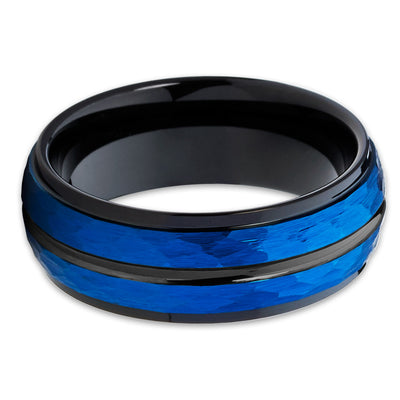 Blue Tungsten Wedding Band - Hammered - Black Tungsten - 8mm - Clean Casting Jewelry