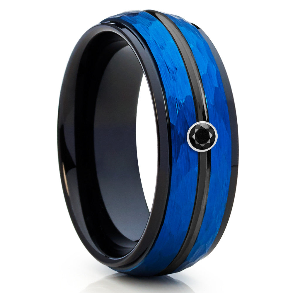 8mm - Blue Tungsten Band - Blue Wedding Band - Black Diamond Ring - Clean Casting Jewelry
