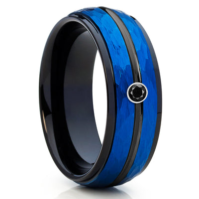 8mm - Blue Tungsten Band - Blue Wedding Band - Black Diamond Ring - Clean Casting Jewelry