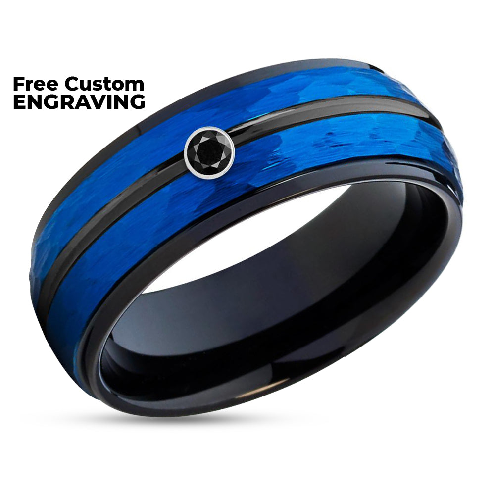 Black Diamond Wedding Ring - Tungsten Wedding Ring - Blue Tungsten Ring - Black Ring