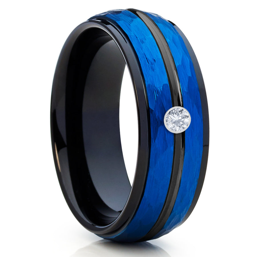 Blue Tungsten Band - White Diamond - Blue Tungsten Ring - 8mm - Black - Clean Casting Jewelry