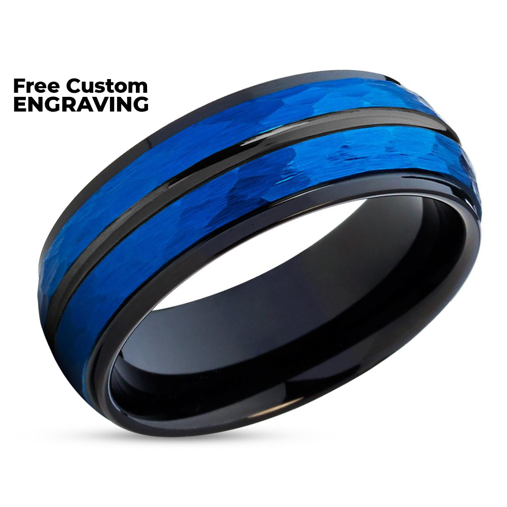 Men's Wedding Band - Black Tungsten Ring - Hammered Wedding Ring - Blue Ring