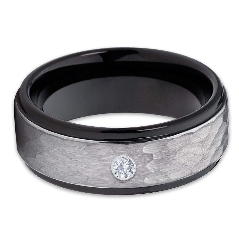 Black Wedding Band - Tungsten Wedding Band - White Diamond Ring - 8mm - Clean Casting Jewelry