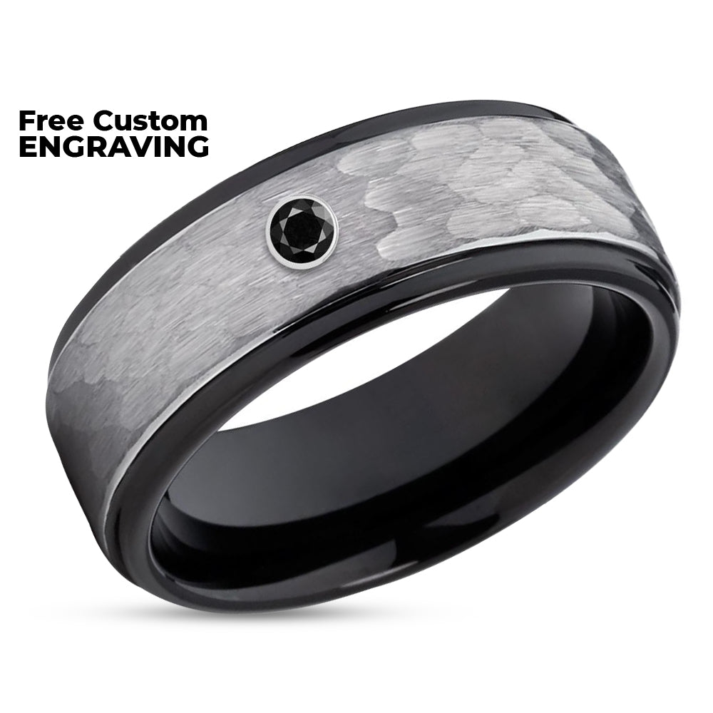 Black Wedding Ring - Black Diamond Tungsten Ring - Hammered Ring - Black Ring
