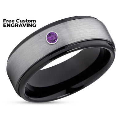 Black Tungsten Wedding Band - Amethyst Wedding Ring - Black Tungsten Band - Gray Ring