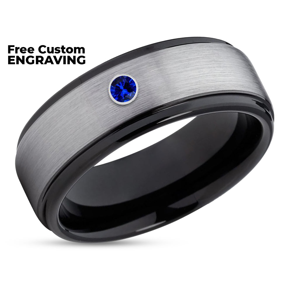 Black Tungsten Wedding Ring - Blue Sapphire Ring - Black Wedding Band - Engagement Ring