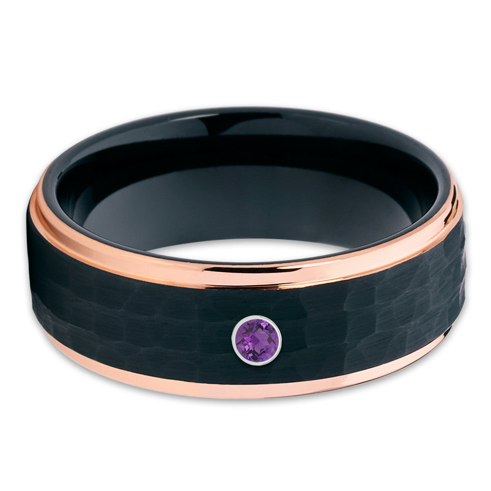 Amethyst Tungsten Ring - Rose Gold Tungsten - Black Tungsten Ring - 8mm - Clean Casting Jewelry