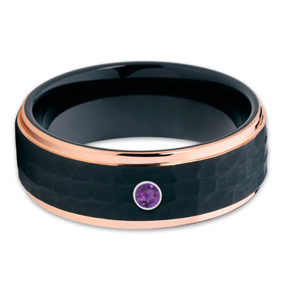 Amethyst Tungsten Ring - Rose Gold Tungsten - Black Tungsten Ring - 8mm - Clean Casting Jewelry