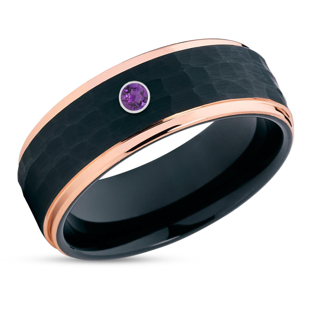 Amethyst Wedding Ring - Black Tungsten Ring - Rose Gold Wedding Band - Wedding Band