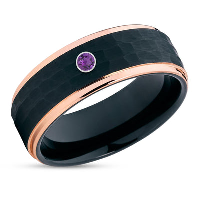 Amethyst Wedding Ring - Black Tungsten Ring - Rose Gold Wedding Band - Wedding Band