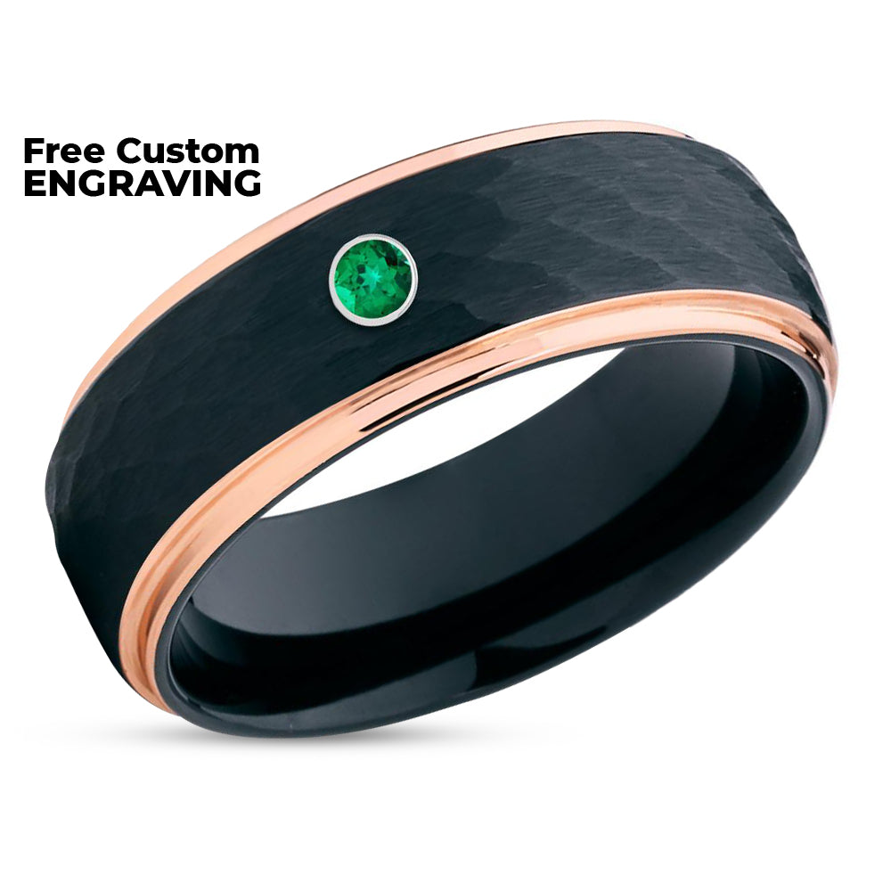 Black Wedding Ring - Emerald Wedding Ring - Rose Gold Tungsten Ring - Anniversary Ring