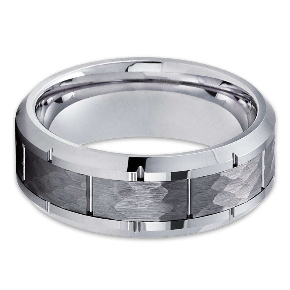 Silver Tungsten Ring - Hammered Ring - Gray Tungsten Band - Brush Ring - 8mm - Clean Casting Jewelry