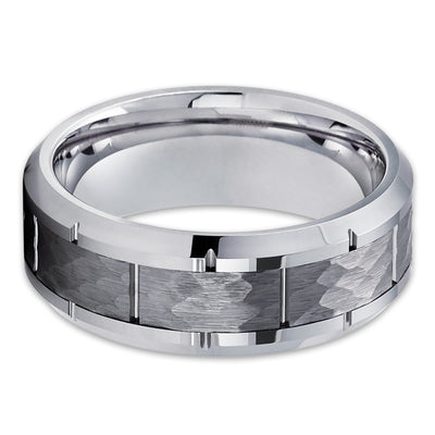 Silver Tungsten Ring - Hammered Ring - Gray Tungsten Band - Brush Ring - 8mm - Clean Casting Jewelry