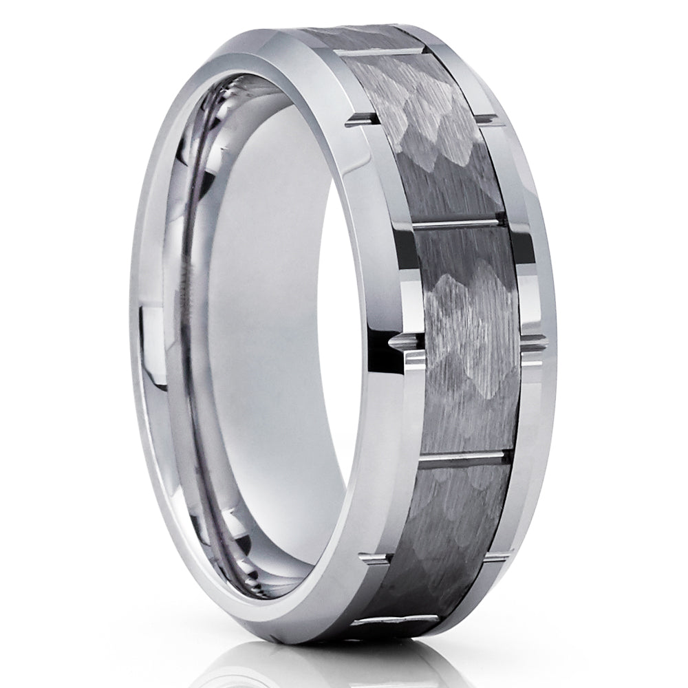 Silver Tungsten Ring - Hammered Ring - Gray Tungsten Band - Brush Ring - 8mm - Clean Casting Jewelry