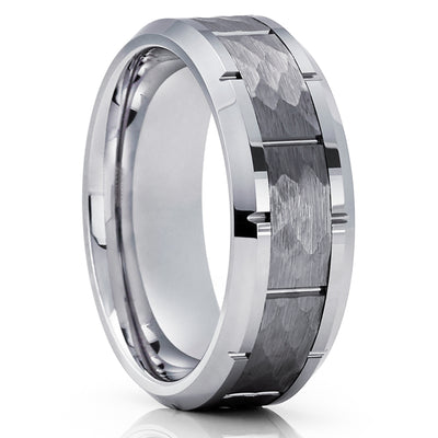 Silver Tungsten Ring - Hammered Ring - Gray Tungsten Band - Brush Ring - 8mm - Clean Casting Jewelry
