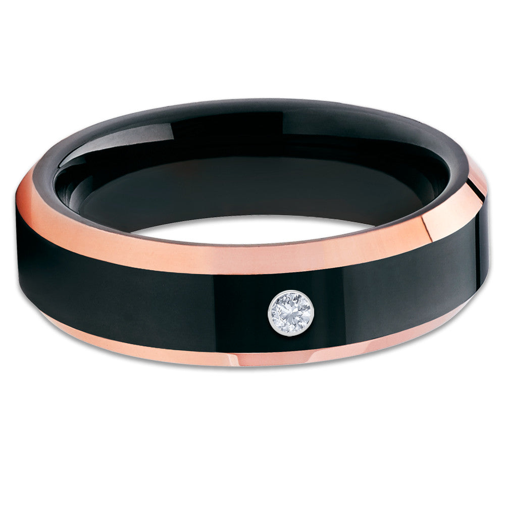 Black Tungsten Wedding Band - Rose Gold Tungsten - White Diamond Ring - Clean Casting Jewelry