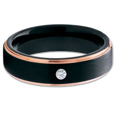 Black Tungsten Wedding Band - White Diamond Tungsten Ring - Rose Gold - Clean Casting Jewelry
