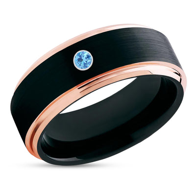 Black Tungsten Wedding Ring - Rose Gold Wedding Ring - Tungsten wedding Band - Aquamarine