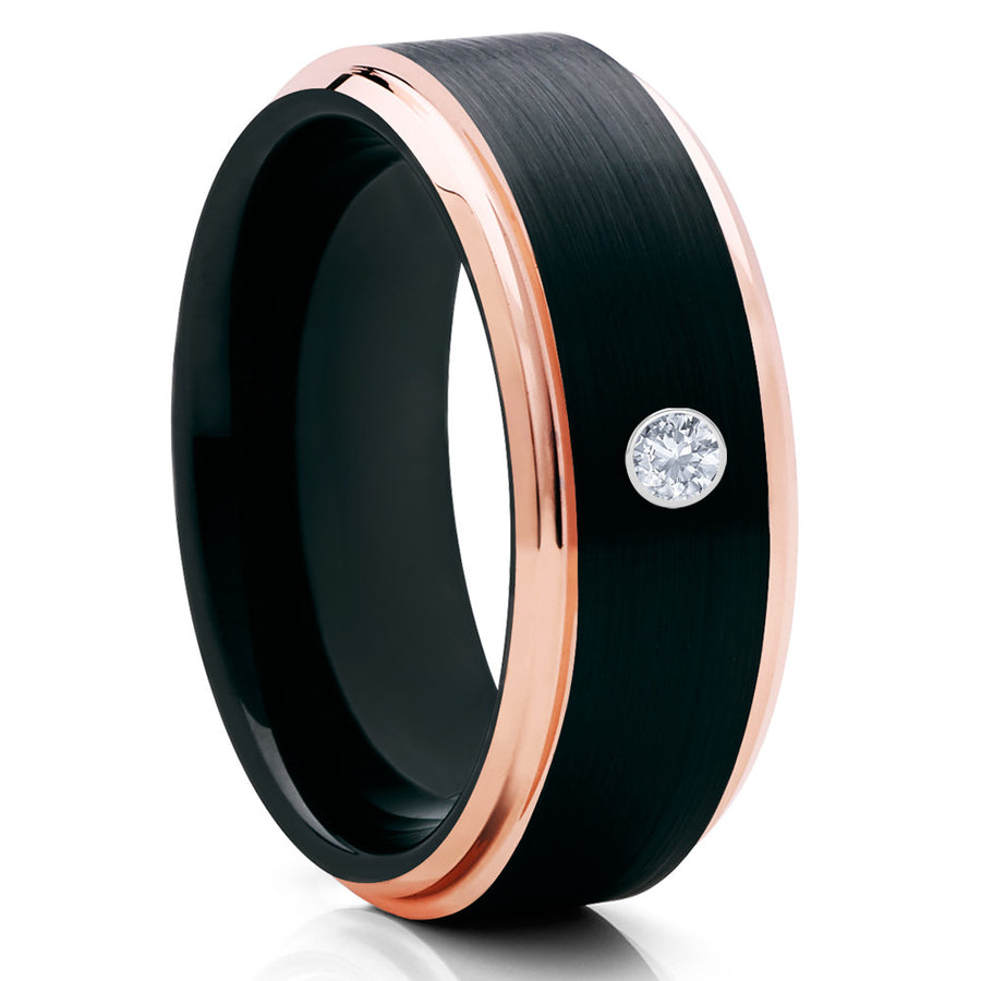 Black Tungsten Ring - Rose Gold Tungsten - White Diamond Ring - Black - Clean Casting Jewelry