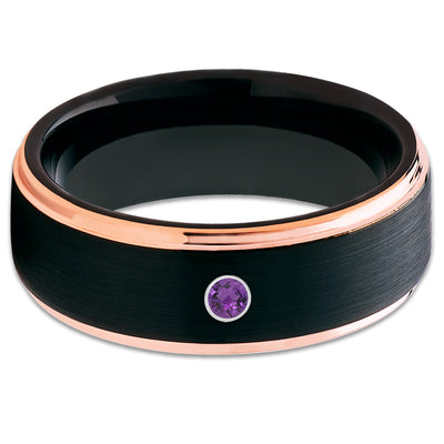 Amethyst Wedding Band - Black Tungsten Ring - Rose Gold Tungsten Band - Clean Casting Jewelry