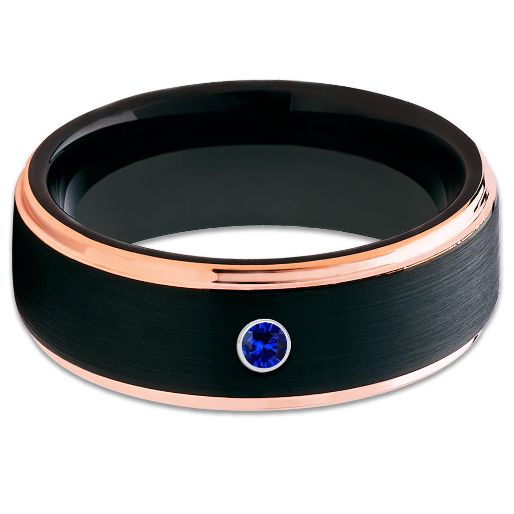 Blue Sapphire Ring - Men's Tungsten Band - Tungsten Wedding Ring - Black - Clean Casting Jewelry