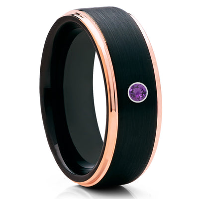 Amethyst Wedding Band - Black Tungsten Ring - Rose Gold Tungsten Band - Clean Casting Jewelry