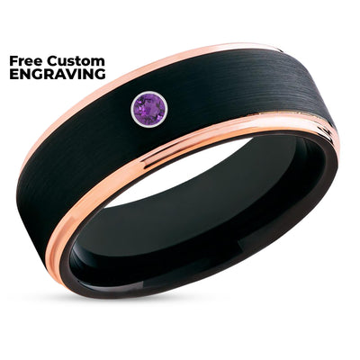 Amethyst Wedding Ring - Black Tungsten Ring - Rose Gold Wedding Band - Man's Ring - Women's