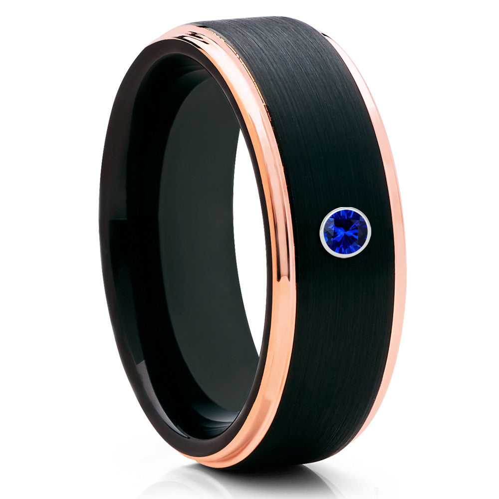Rose Gold Tungsten - Blue Sapphire Ring - Black Tungsten Wedding Band - Clean Casting Jewelry