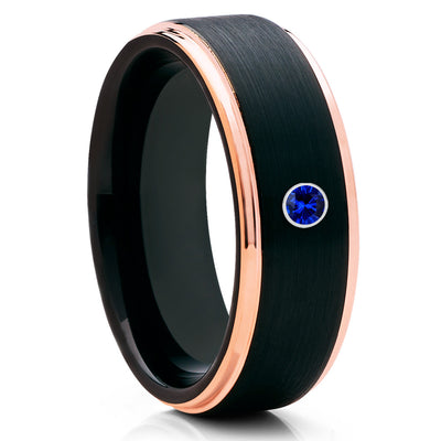 Rose Gold Tungsten - Blue Sapphire Ring - Black Tungsten Wedding Band - Clean Casting Jewelry