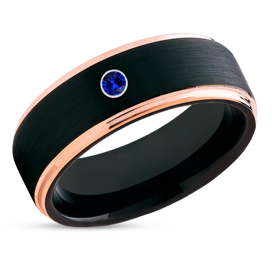 Black Wedding Band - Rose Gold Wedding Ring - Tungsten Wedding Ring - Blue Sapphire Ring