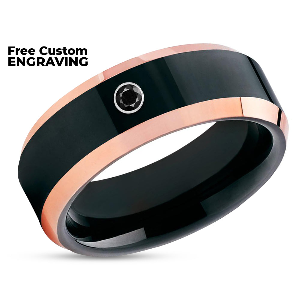 Rose Gold Wedding Ring - Black Diamond Ring - Tungsten Carbide Band - Diamond Ring