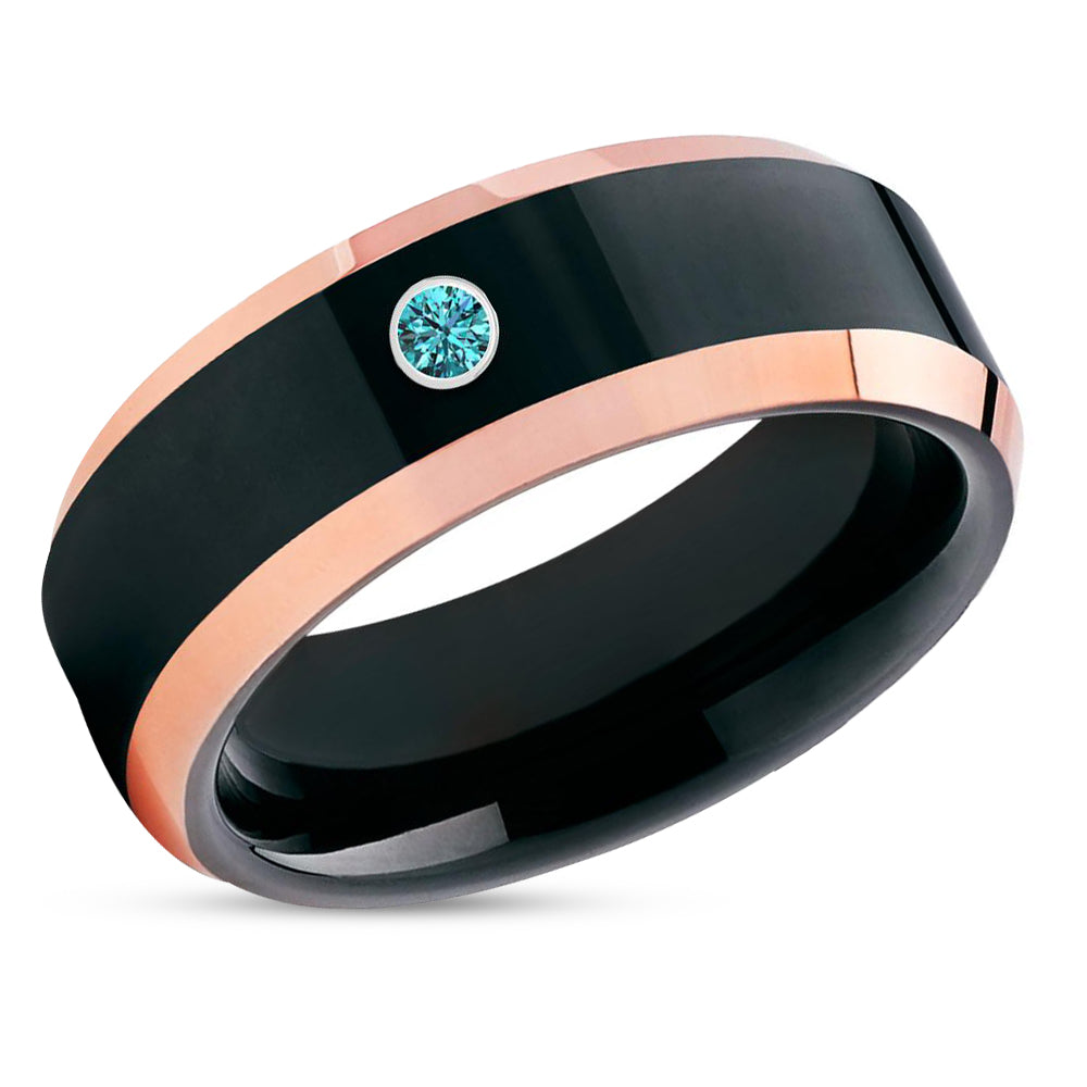Black Tungsten Wedding Band - Blue Diamond - Tungsten Carbide - Ring - Rose Gold Ring