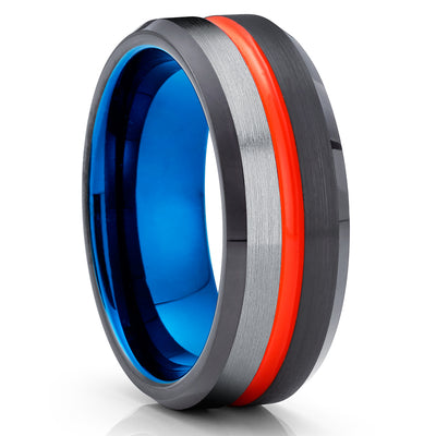Black Tungsten Ring - Orange Wedding Ring - Tungsten Wedding Band - Orange Ring - Blue Ring