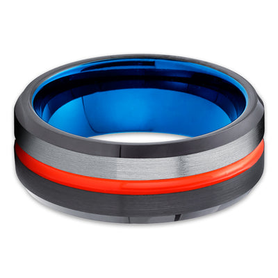 Black Tungsten Ring - Orange Wedding Ring - Tungsten Wedding Band - Orange Ring - Blue Ring