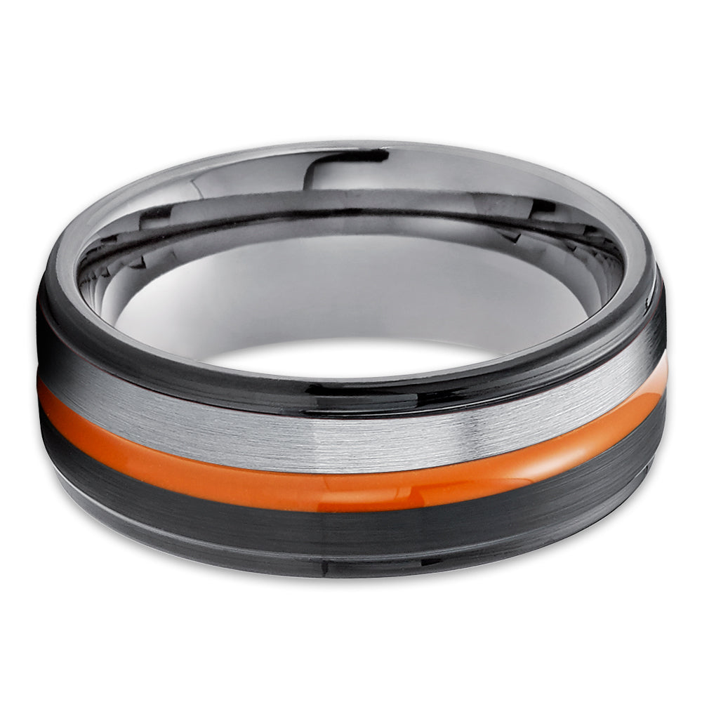 Orange Wedding Ring - Gunmetal Wedding Band - Black Tungsten Ring - Tungsten Wedding Ring - Orange