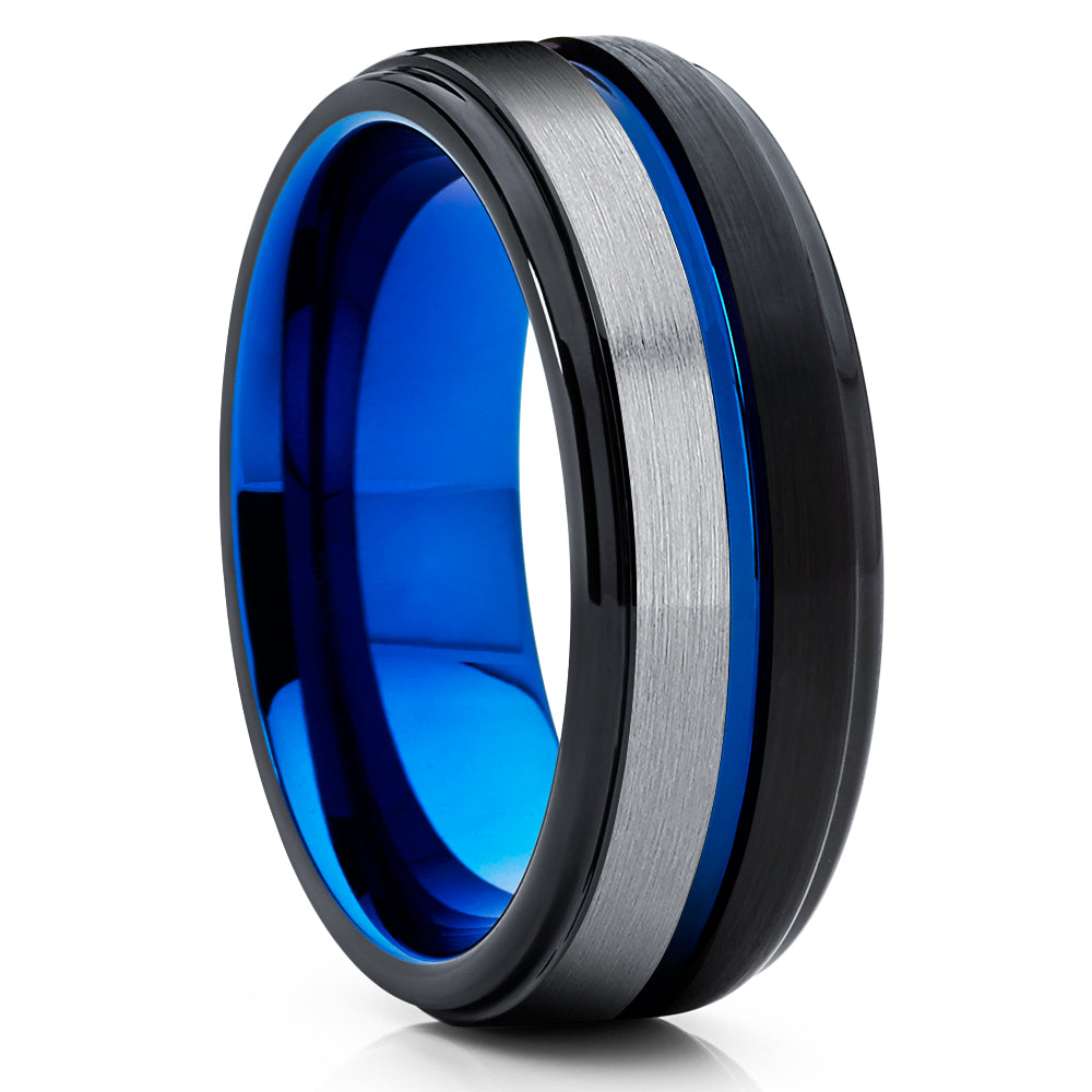 Blue Tungsten Wedding Ring - Black Wedding Ring - Black Wedding Ring - Tungsten Carbide