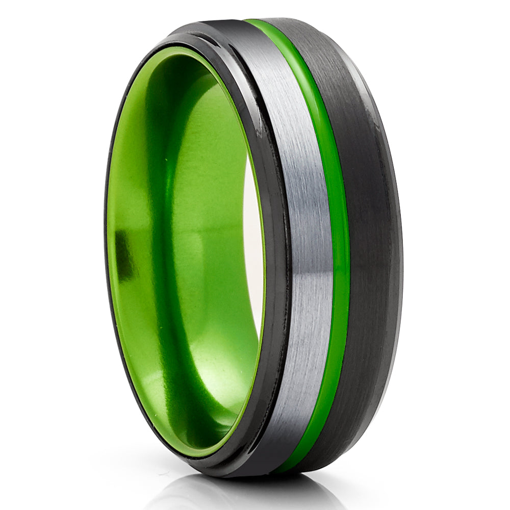 Black Wedding Ring - Green Tungsten Ring - Tungsten Wedding Band - Man's Ring - Woman's