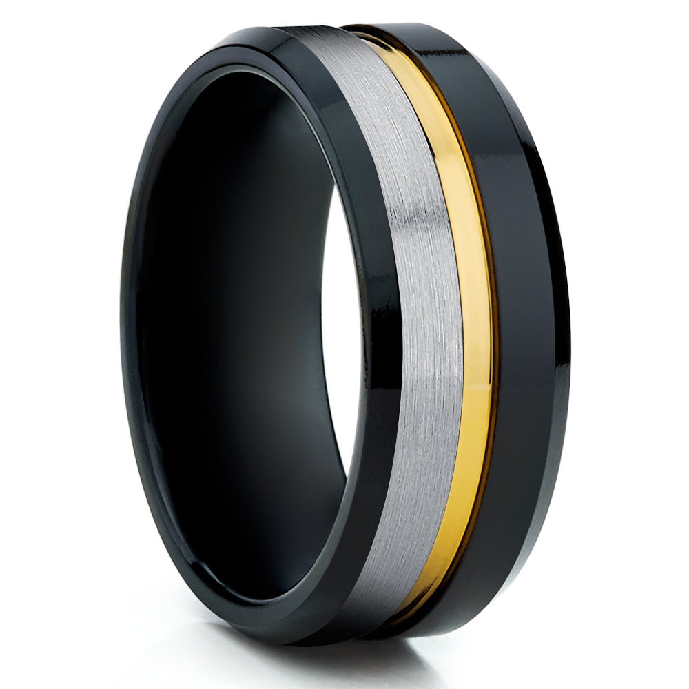 Black Tungsten Ring - Yellow Gold Wedding Ring - Tungsten wedding Band - Black Ring