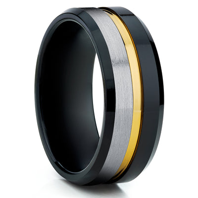 Black Tungsten Ring - Yellow Gold Wedding Ring - Tungsten wedding Band - Black Ring