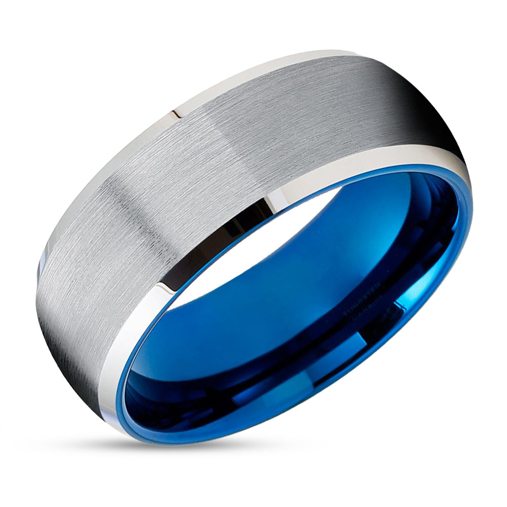 Blue Wedding Ring - Blue Tungsten Ring - 8mm Wedding Ring - Silver Wedding Ring - Tungsten Band