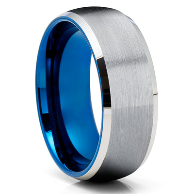 Blue Wedding Ring - Blue Tungsten Ring - 8mm Wedding Ring - Silver Wedding Ring - Tungsten Band
