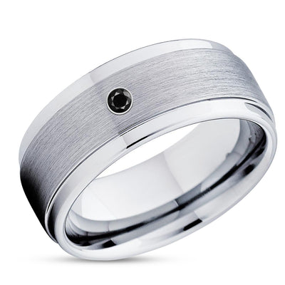 Black Diamond Tungsten Ring - Silver Tungsten - Men's Tungsten Band - Brush