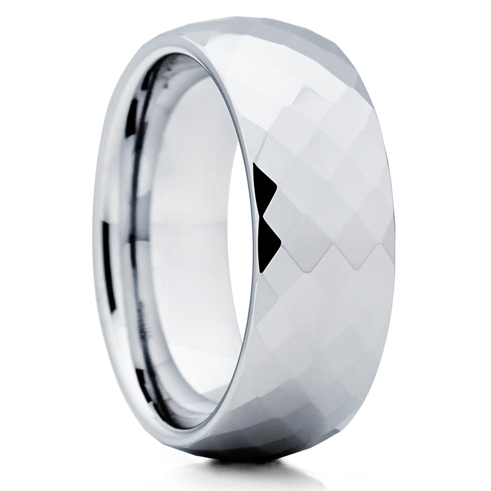 Tungsten Wedding Band - Silver Tungsten - Faceted - Tungsten Wedding Ring - Clean Casting Jewelry