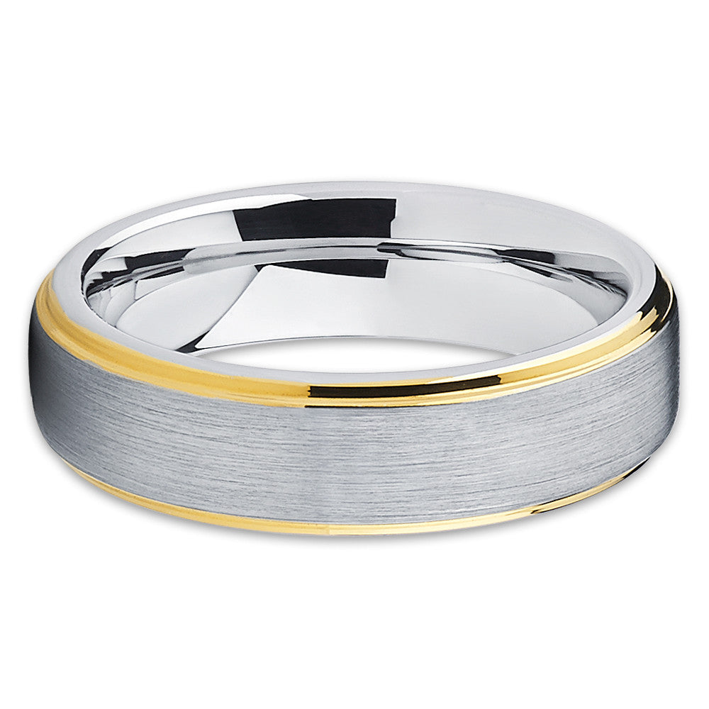 Gray Wedding Band - Tungsten Wedding Band - Yellow Gold Tungsten - Brush - Clean Casting Jewelry